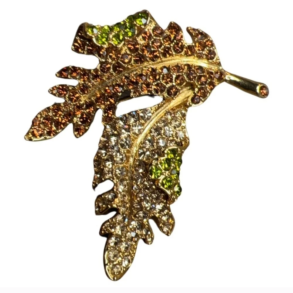 KJL Kenneth Jay Lane Vintage Jeweled Leaf Brooch Gold Tone Rhinestone Statement